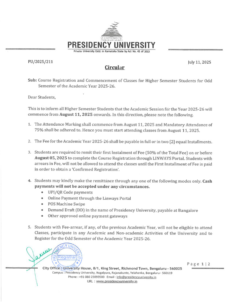Circular (202520211) - Registration and Class Commencement Circular ...