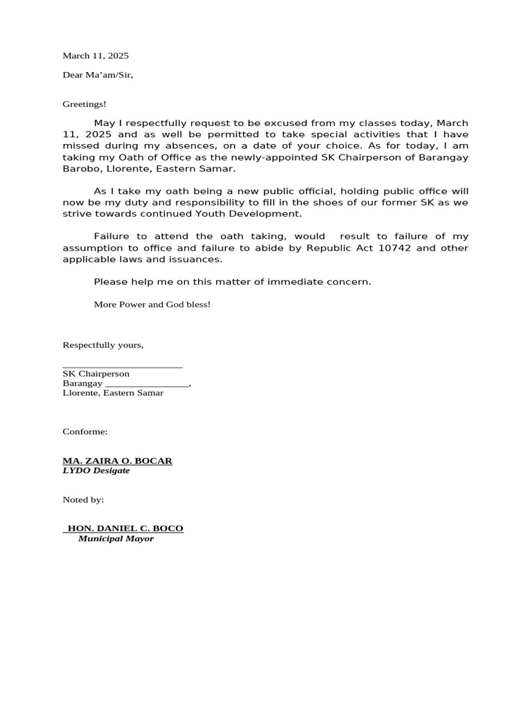 Oath Taking Request for SK Chairperson | PDF