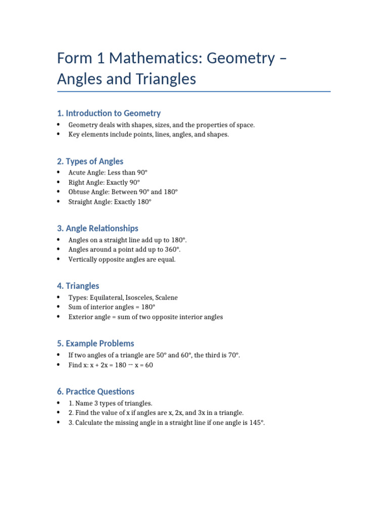 Geometry and Angles in Form 1 | PDF