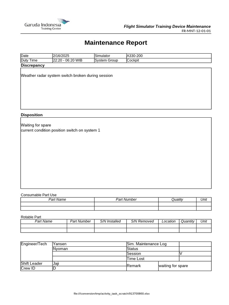 A330-200 Simulator Maintenance Report | PDF