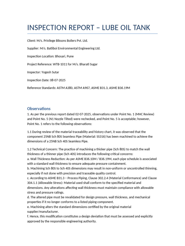 Lube Oil Tank Inspection Report ASTM A380 | PDF | Pipe (Fluid ...