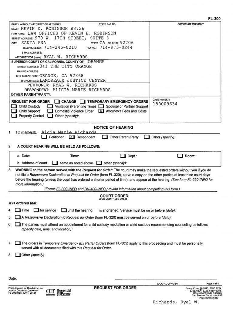 Request for Order: Family Law FL-300 | PDF | Lawsuit | Judgment (Law)