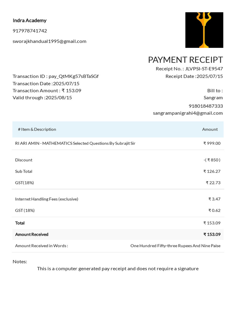 Indra Academy Math Book Receipt | PDF