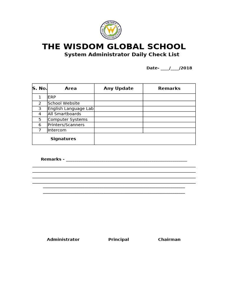Wisdom Global School Daily Checklist | PDF