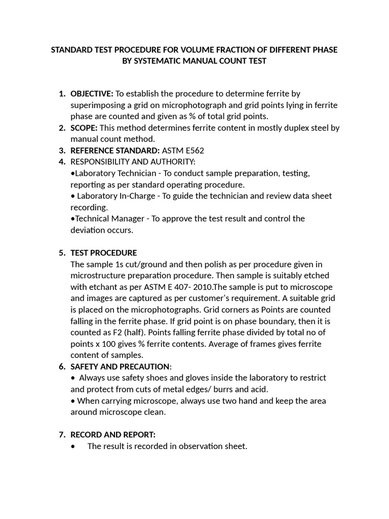 Standard Test Procedure For Volume Fraction of Different Phase by ...