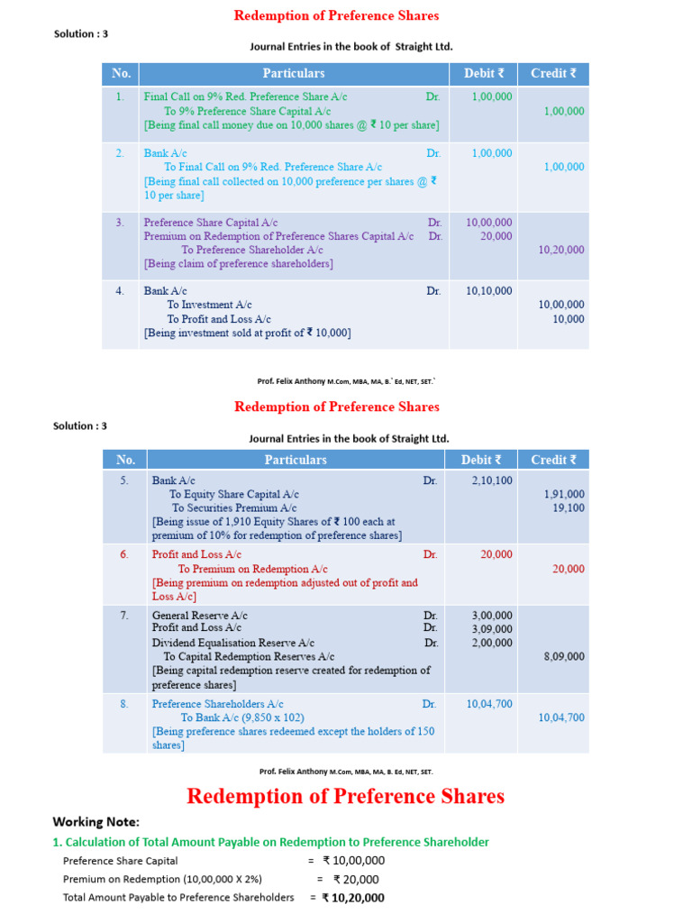 Journal Entries for Preference Share Redemption | PDF | Preferred Stock ...
