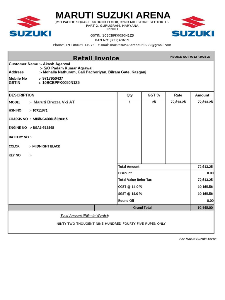 Maruti Suzuki Invoice for Brezza Purchase | PDF