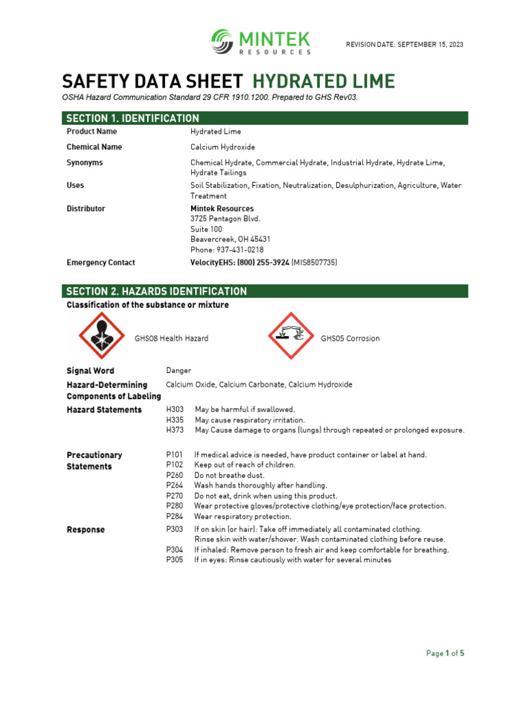 Hydrated Lime Safety Data Sheet | PDF | Occupational Safety And Health ...