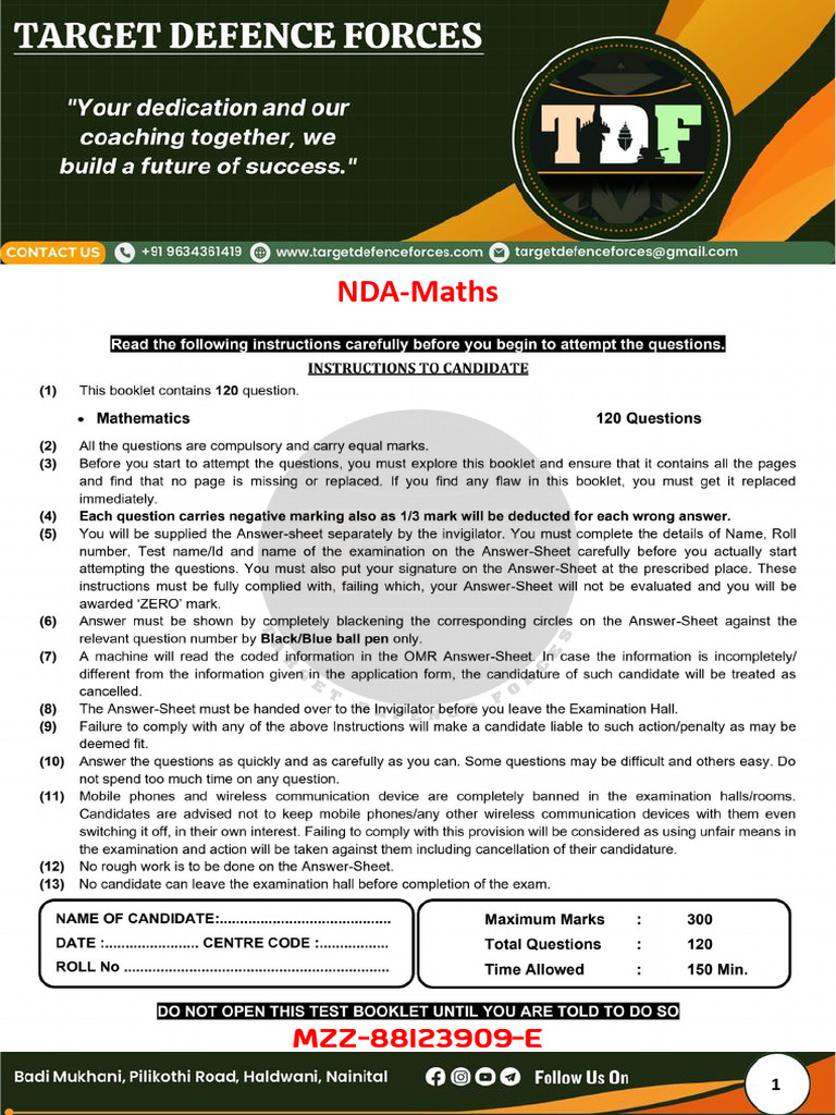 NDA-Maths 1-E-Target Defence Forces Haldwani | PDF
