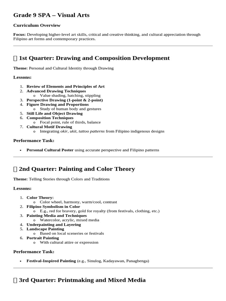 Grade 9 Visual Arts Curriculum Overview | PDF | Paintings | Drawing