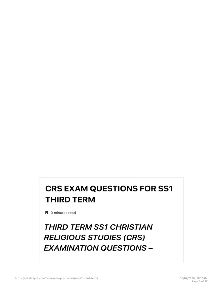 SS1 CRS Third Term Exam Questions | PDF | Jesus | Prayer