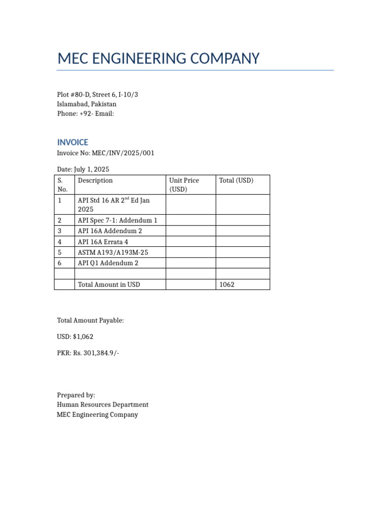 MEC Engineering Invoice July 2025 | PDF
