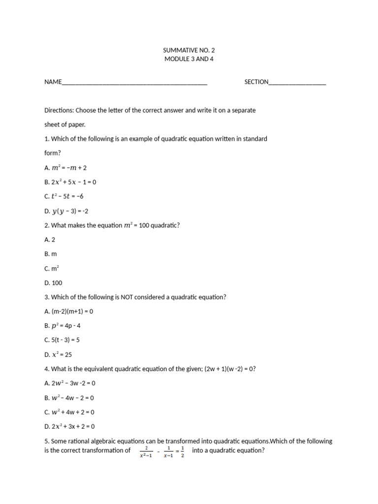 Quadratic Equations Practice Test | PDF | Mathematics | Algebra