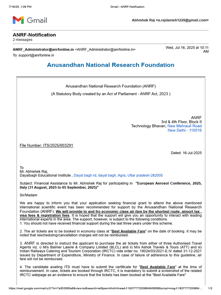 ANRF Travel Grant Notification | PDF