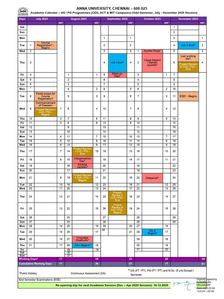 Anna University Odd Semester Schedule 2025 | PDF