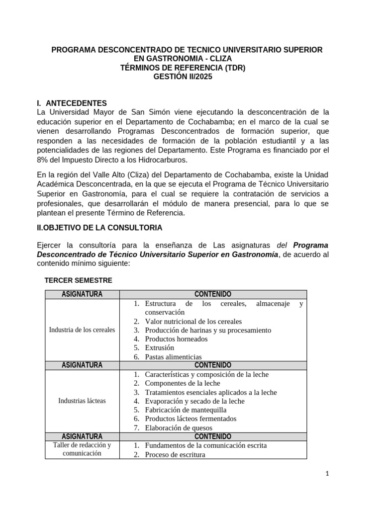 Programa de Técnico en Gastronomía Cliza | PDF | Cocina | Leche