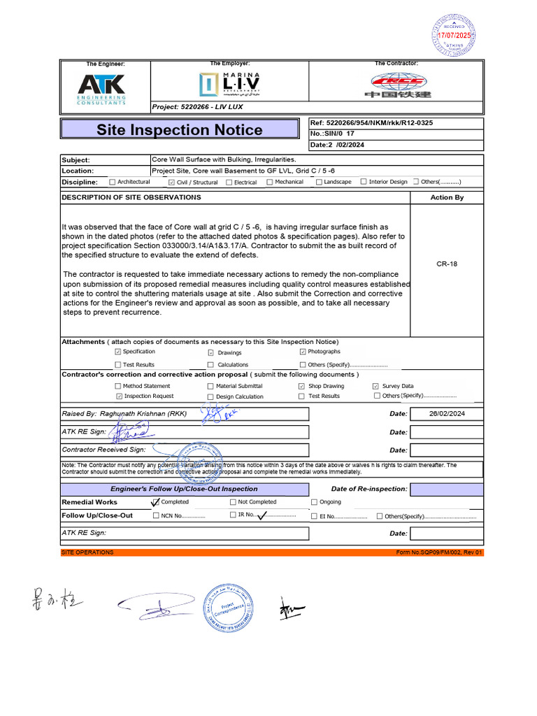 Core Wall Surface Inspection Report | PDF | Specification (Technical ...