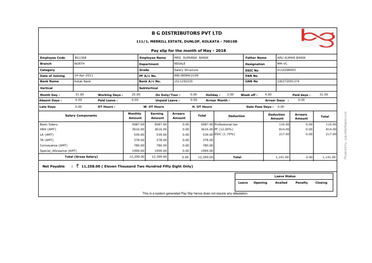May 2018 Salary Slip - B G Distributors | PDF | Taxes | Government Finances