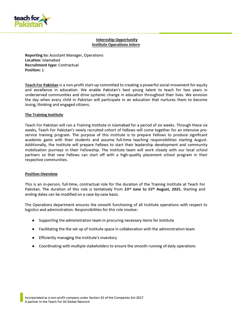 Teach For Pakistan Operations Intern Role | PDF