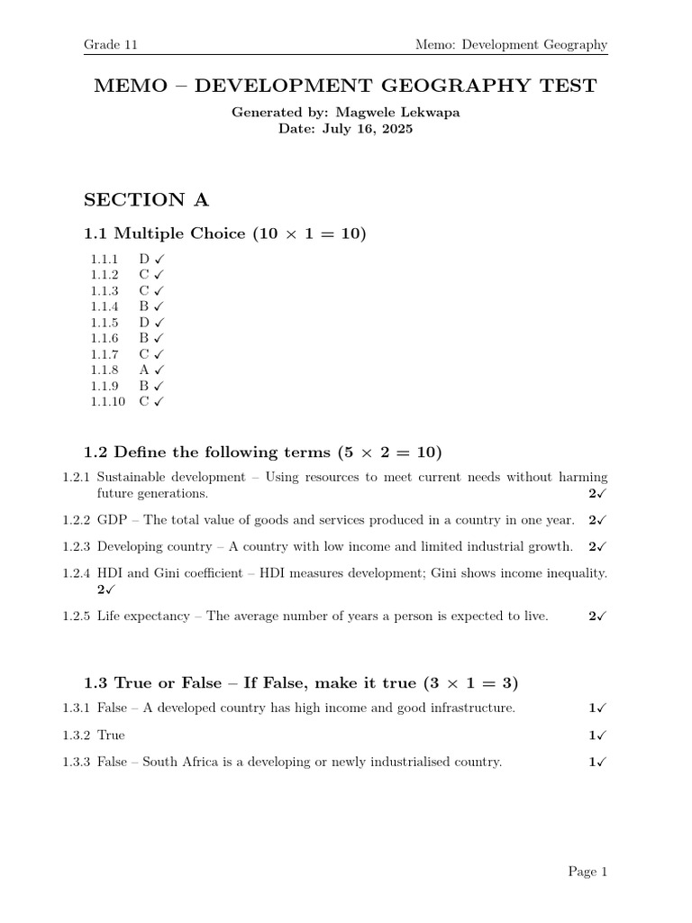 Grade 11 Development Geography Memo | PDF | Developing Country | Gini ...