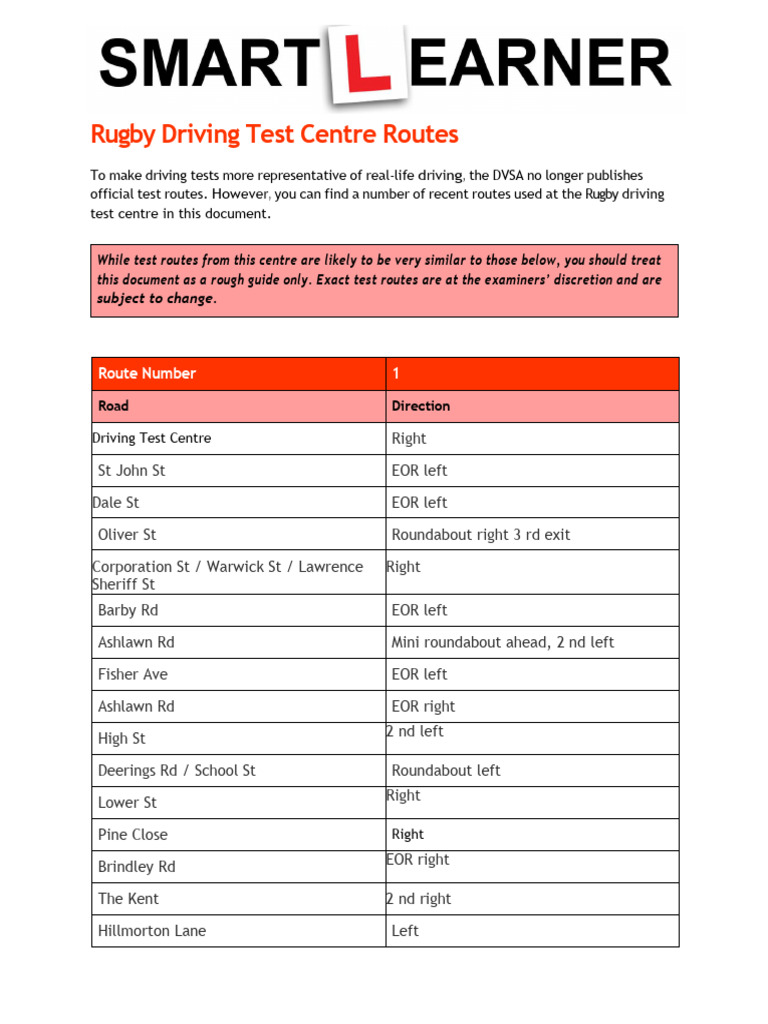 Rugby Driving Test Routes Overview | PDF | Streets And Roads ...