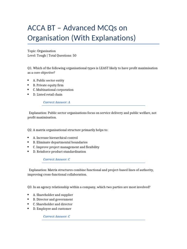 Advanced MCQs on Organisation | PDF | Business | Leadership