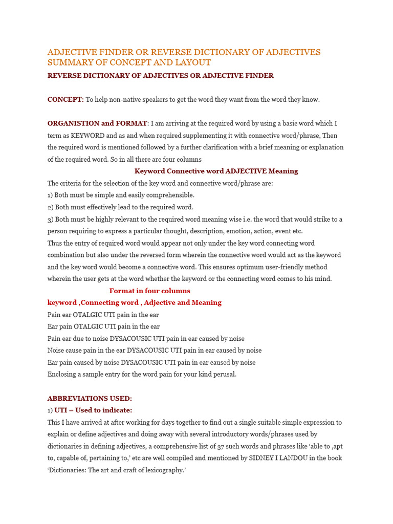 Adjective Finder or Reverse Dictionary of Adjectives Summary of Concept ...