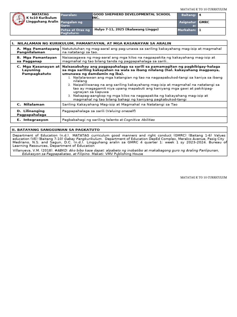 DLL Matatag - GMRC 4 q1 w1 | PDF