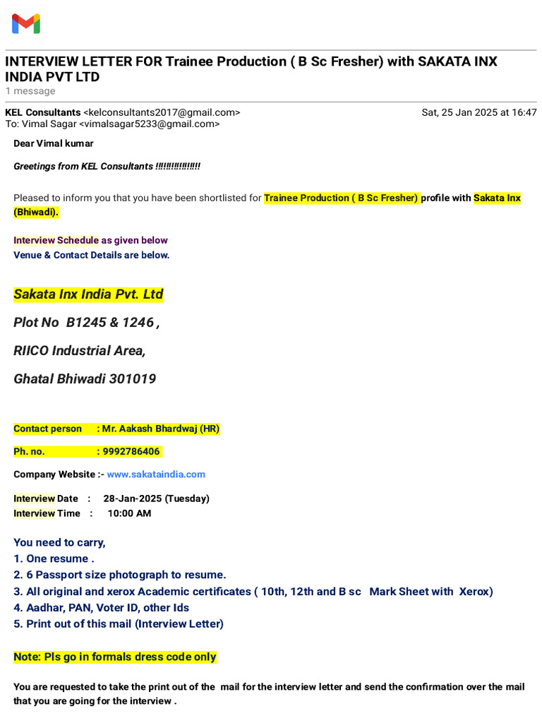 Gmail - Interview Letter For Trainee Production (B SC Fresher) With ...