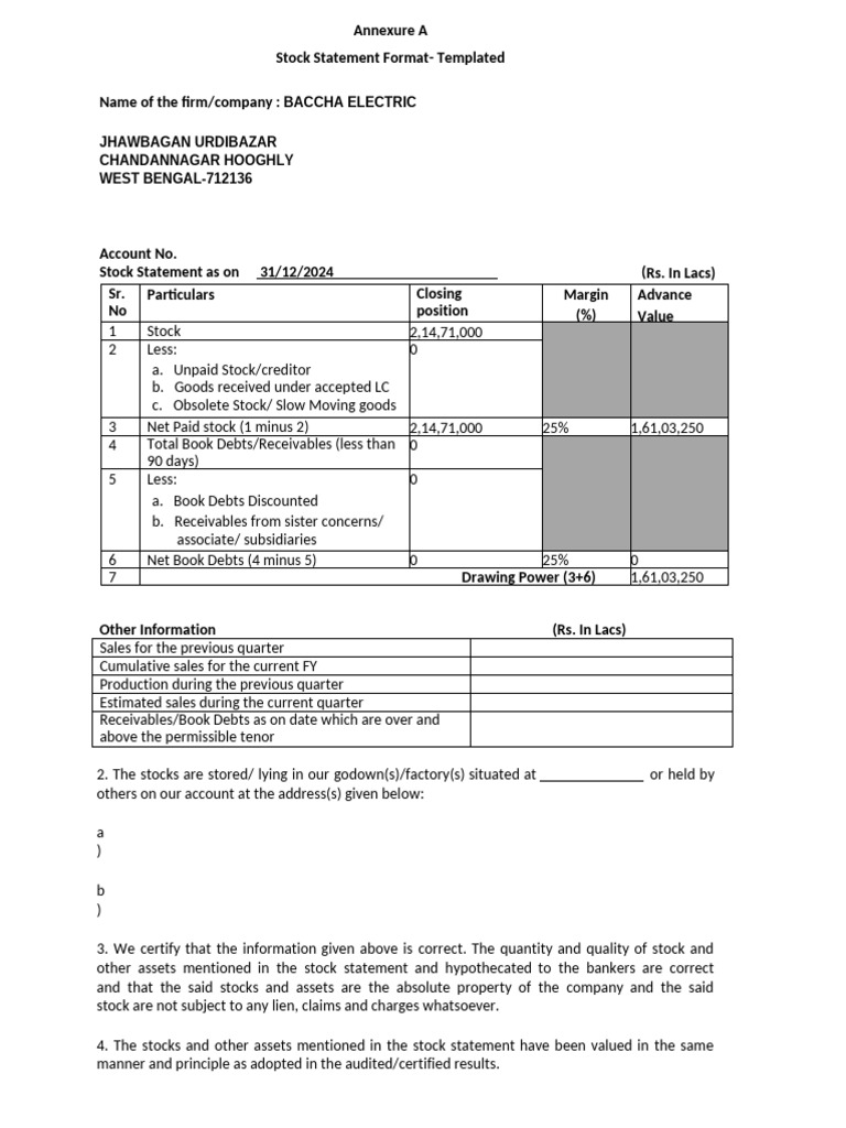Stock Statement Format Less Than 10 Crs | PDF | Banks | Economies