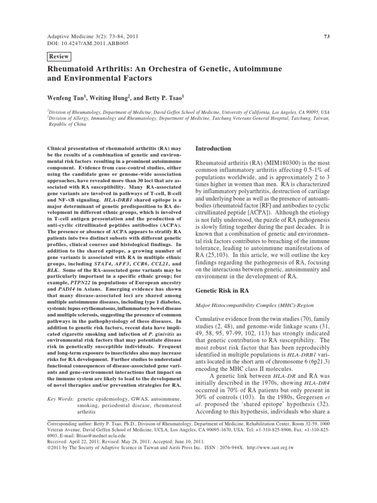 Rheumatoid Arthritis An Orchestra of Autoimmune and