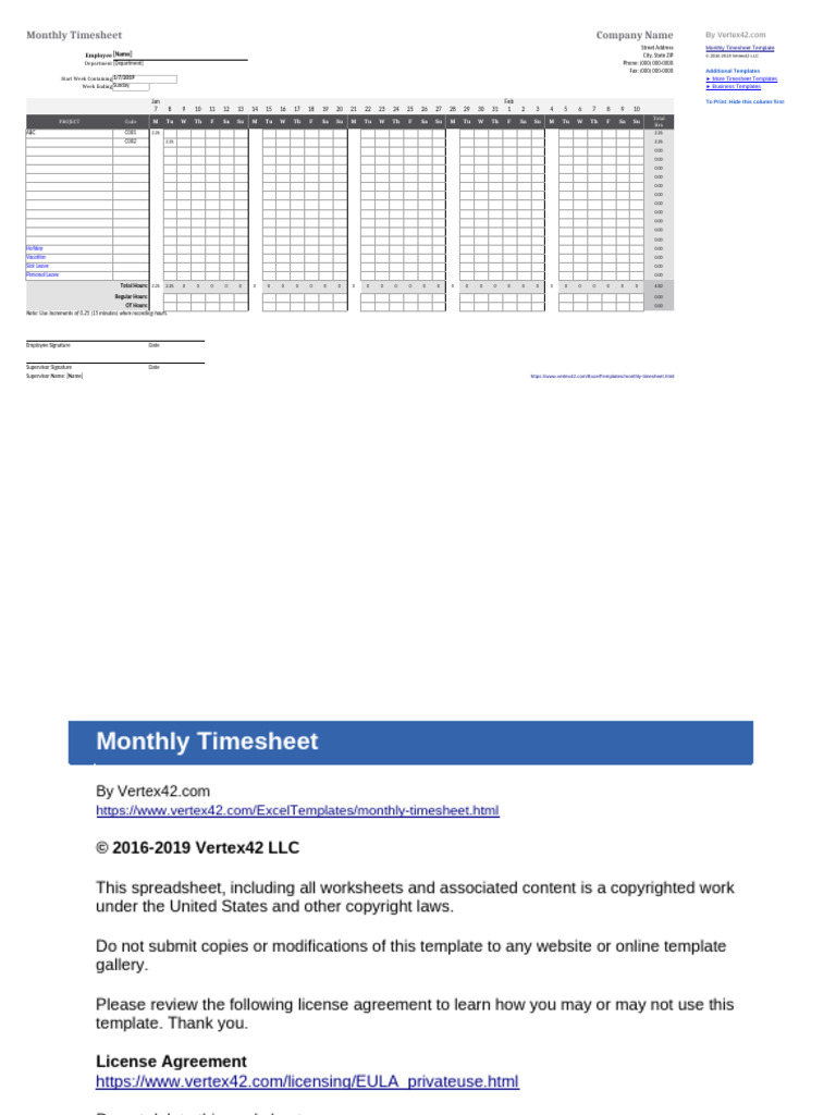 Vertex42 Monthly Timesheet Template | PDF
