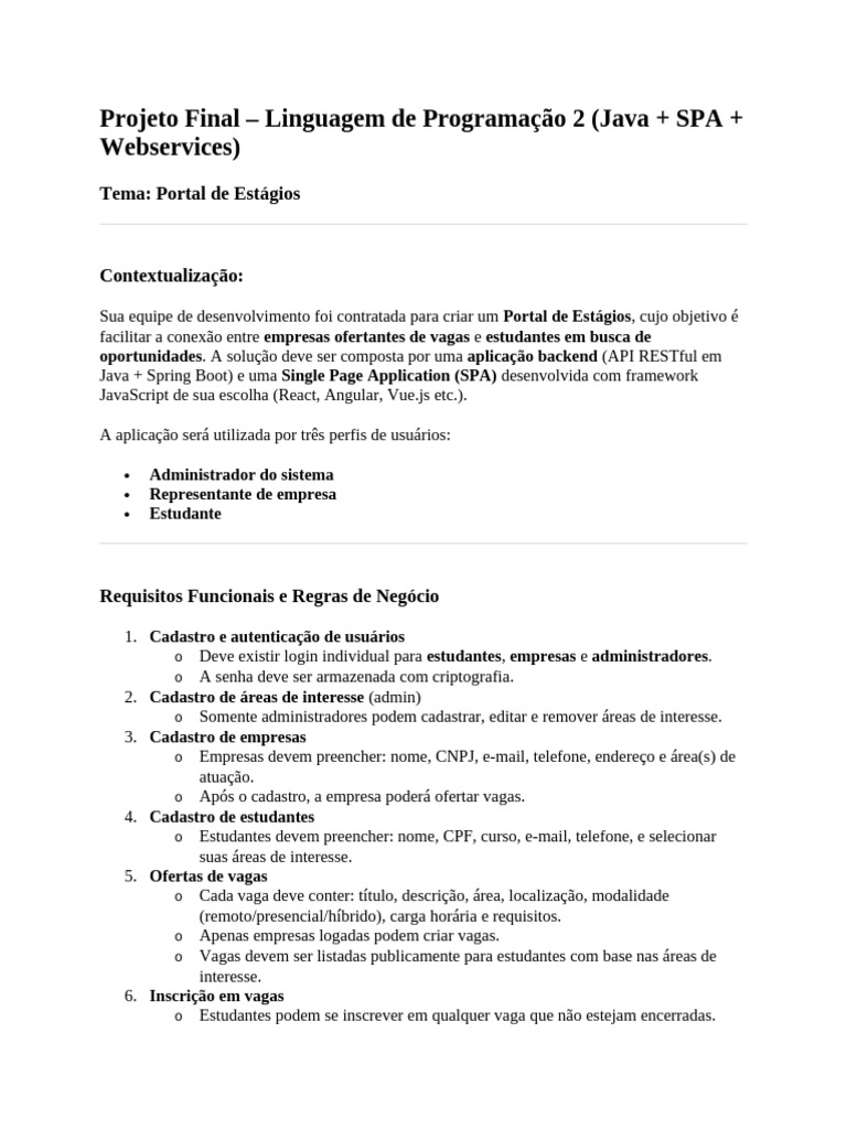 Portal de Estágios: Projeto Java e SPA | PDF | Autenticação | Informática