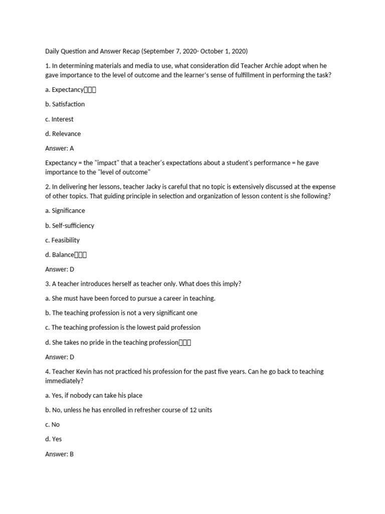 Daily Q&A Summary: Sept-Oct 2020 | PDF | Teachers | Leadership