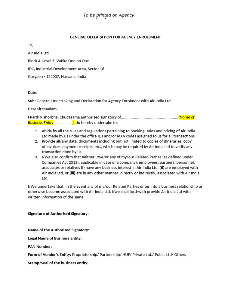 General Declaration for Agency Enrollment | PDF