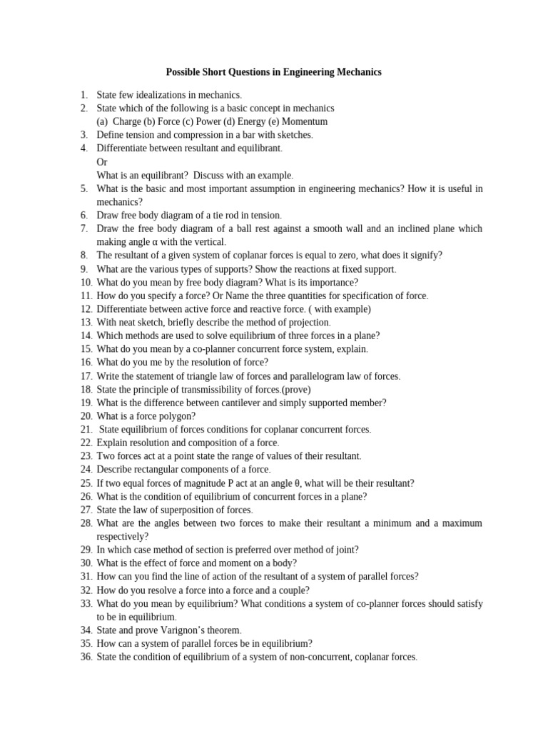 Short Questions Engineering Mechanics | PDF | Force | Friction