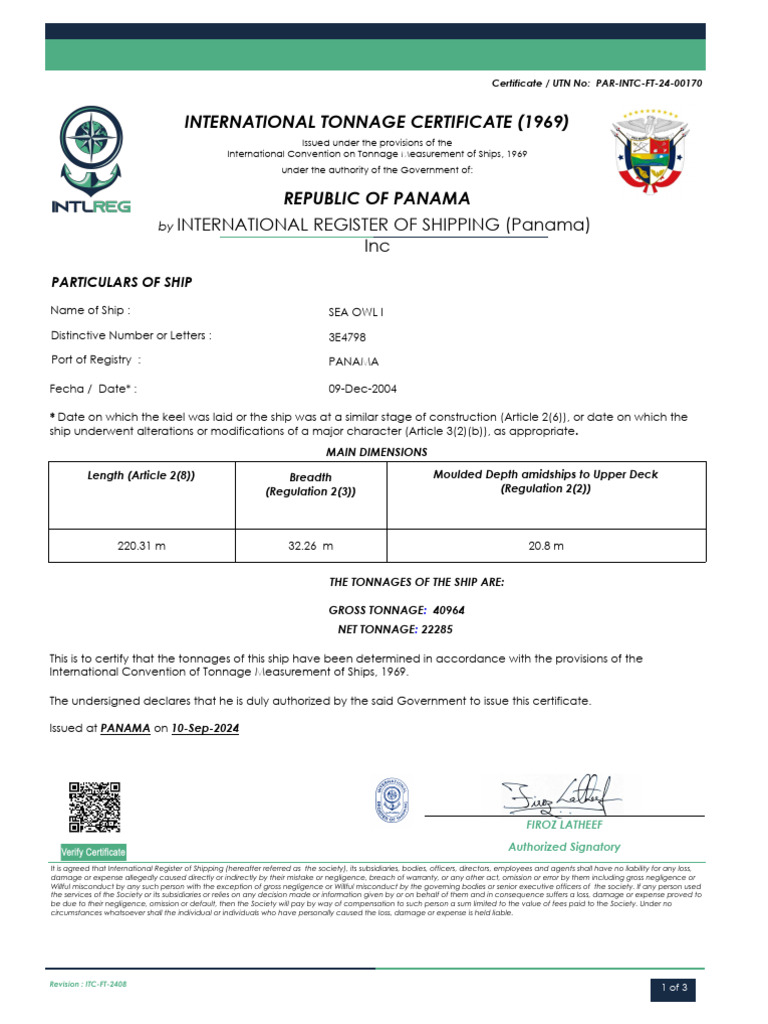 International Tonnage Certificate 1969 | PDF | Tonnage | Ships