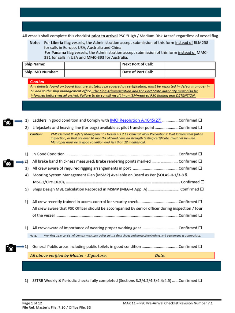 PSC Pre-Arrival Checklist for Vessels | PDF