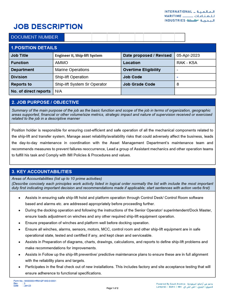 Engineer II Job Description - Ship-lift System | PDF | Reliability ...