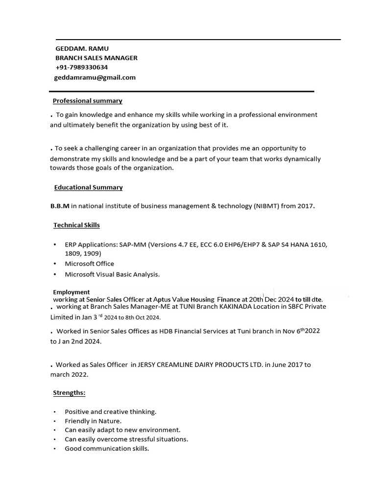 Branch Sales Manager Resume Summary | PDF | Knowledge | Cognition