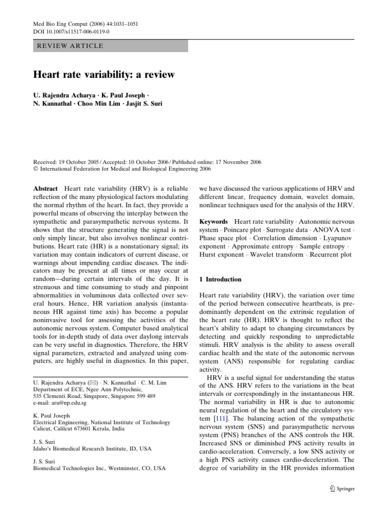 Heart Rate Variability - A Review-Rajendraacharya2006 | PDF | Heart ...