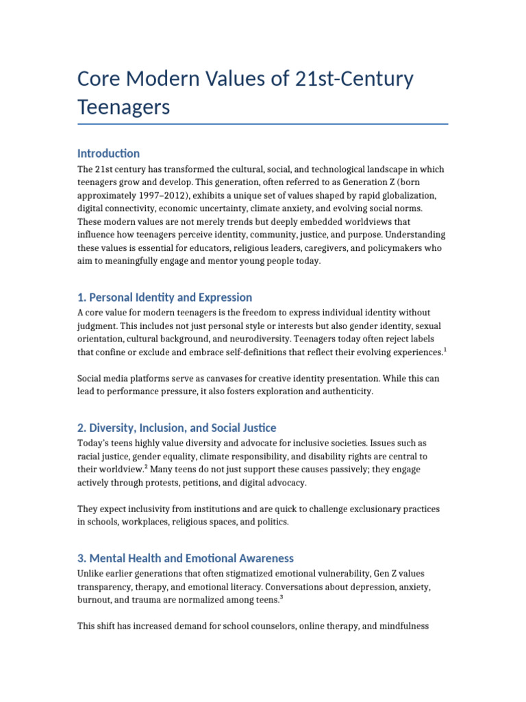 Core Values of 21st-Century Teens | PDF | Adolescence | Identity ...