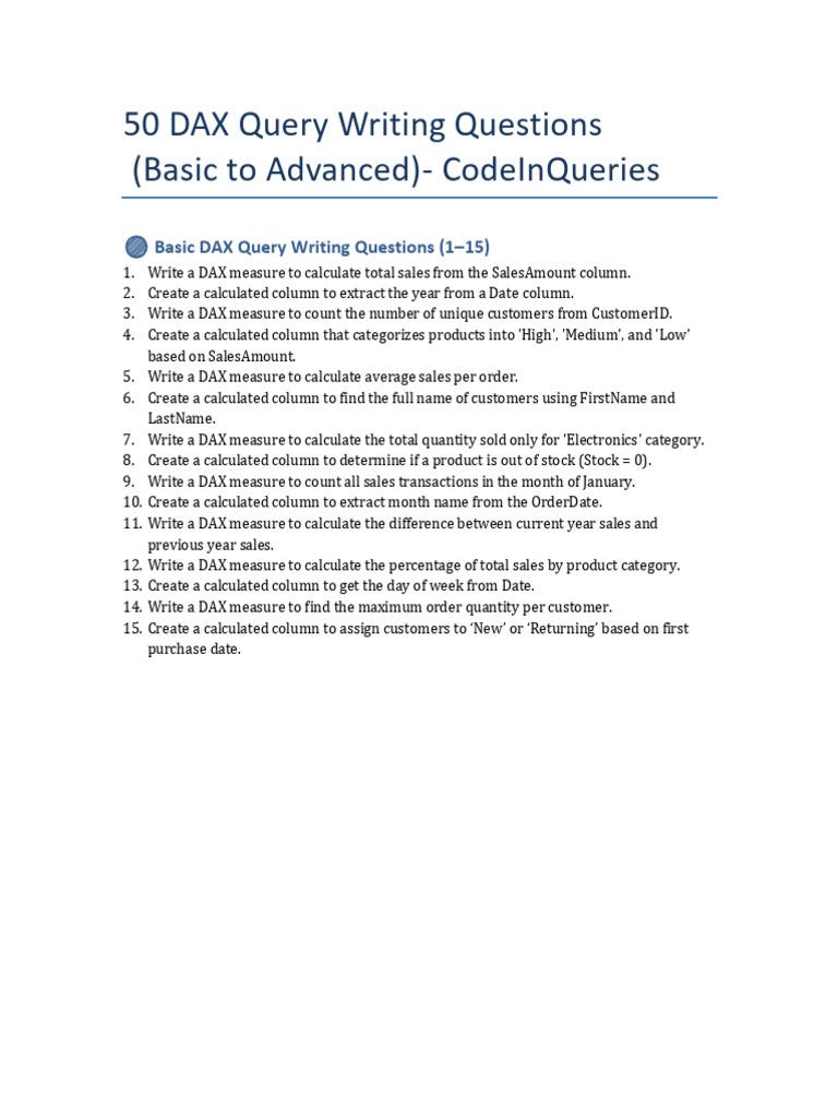 DAX 50 Query Writing Questions | PDF