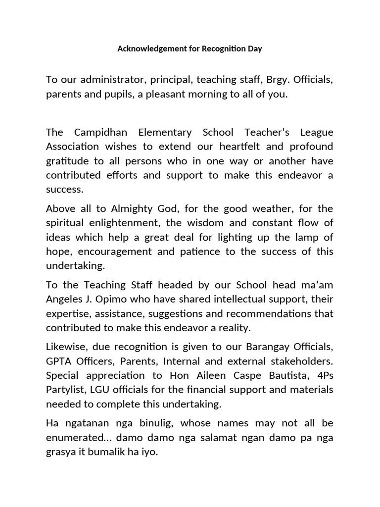 Gratitude Acknowledgement for Recognition Day | PDF