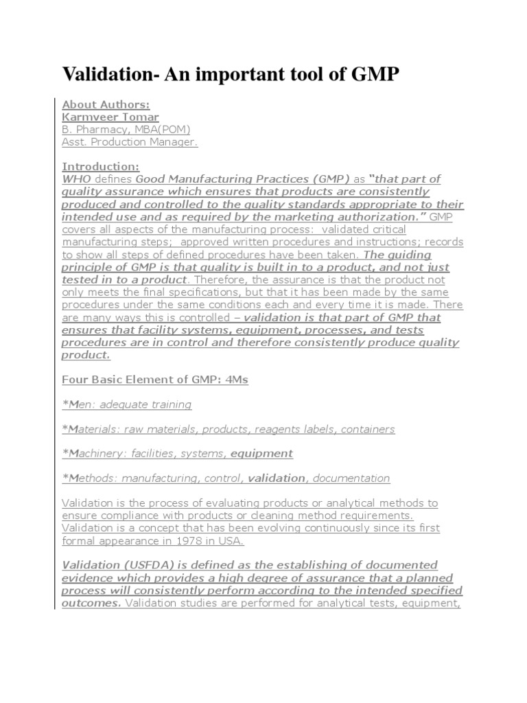 ValidationAn Important Tool of GMP About Authors Karmveer Tomar