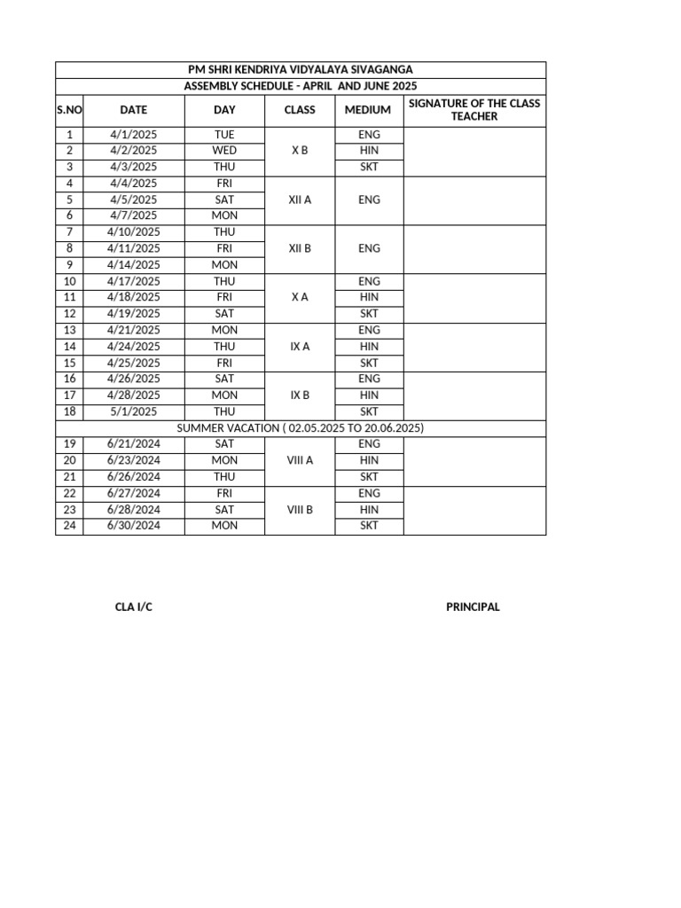 PM Shri Kendriya Vidyalaya Assembly Schedule 2025 | PDF