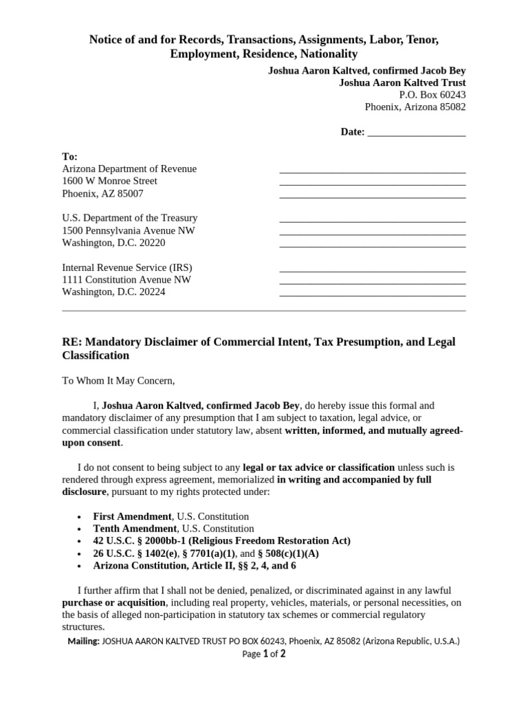 Joshua Aaron Kaltved Mandatory Disclaimer of Commercial Intent, Tax ...