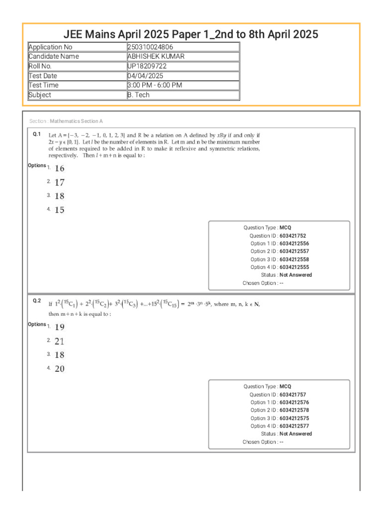 JEE Mains April 2025 Question Paper | PDF | Multiple Choice ...