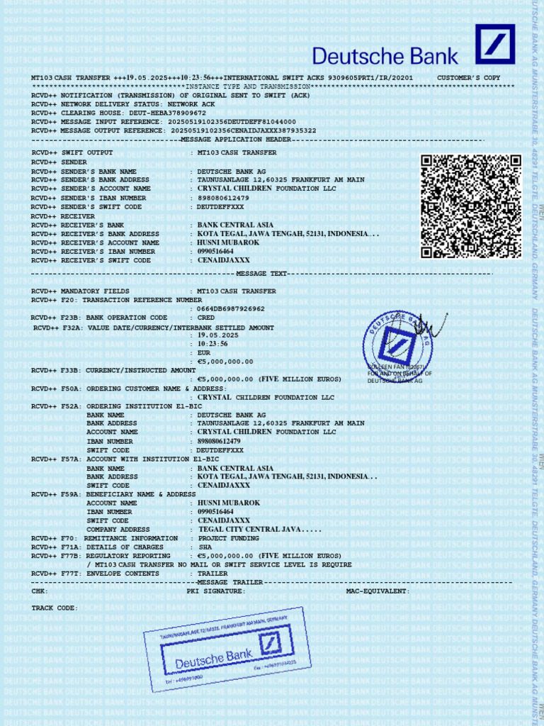 MT103 SWIFT Transfer Acknowledgment | PDF | Transmission Control ...