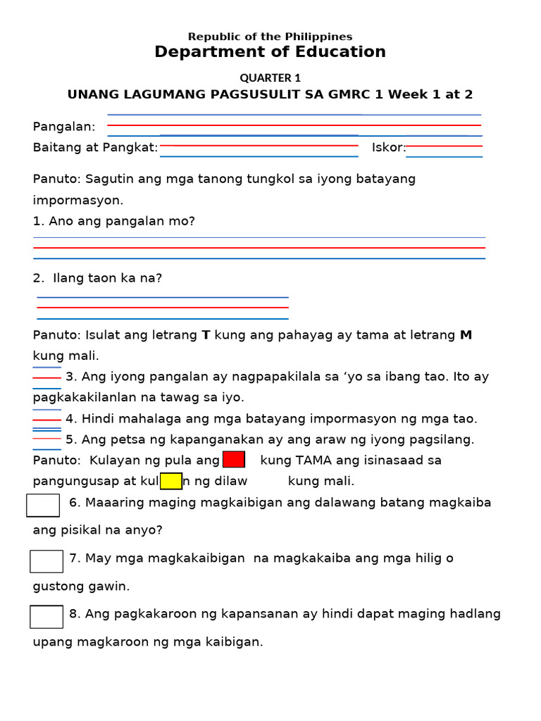 q1 1st Summative Test in GMRC 1 | PDF